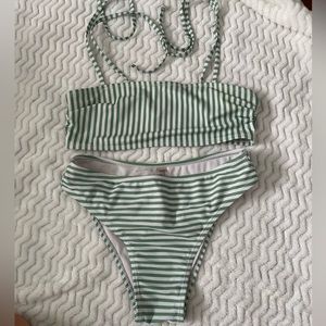 Cute stripped green and white swimsuit 2 peice